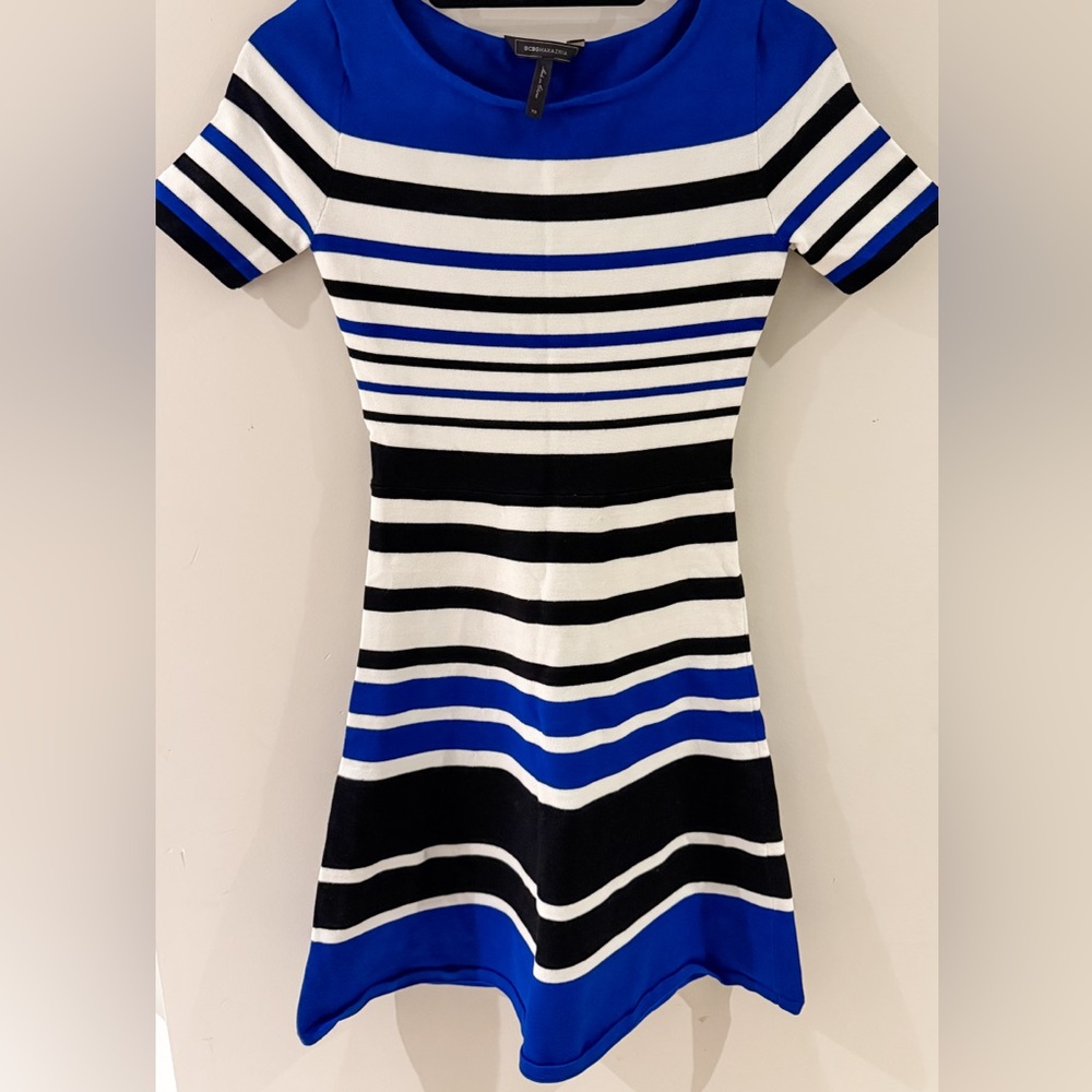 BCBGMaxAzria Blue, Black and white Striped Short Sleeve fit flare dress